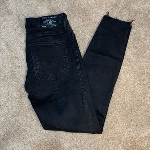 True Religion Sz27 distressed black Jennie Curvy Mid Rise Skinny frayed ankle